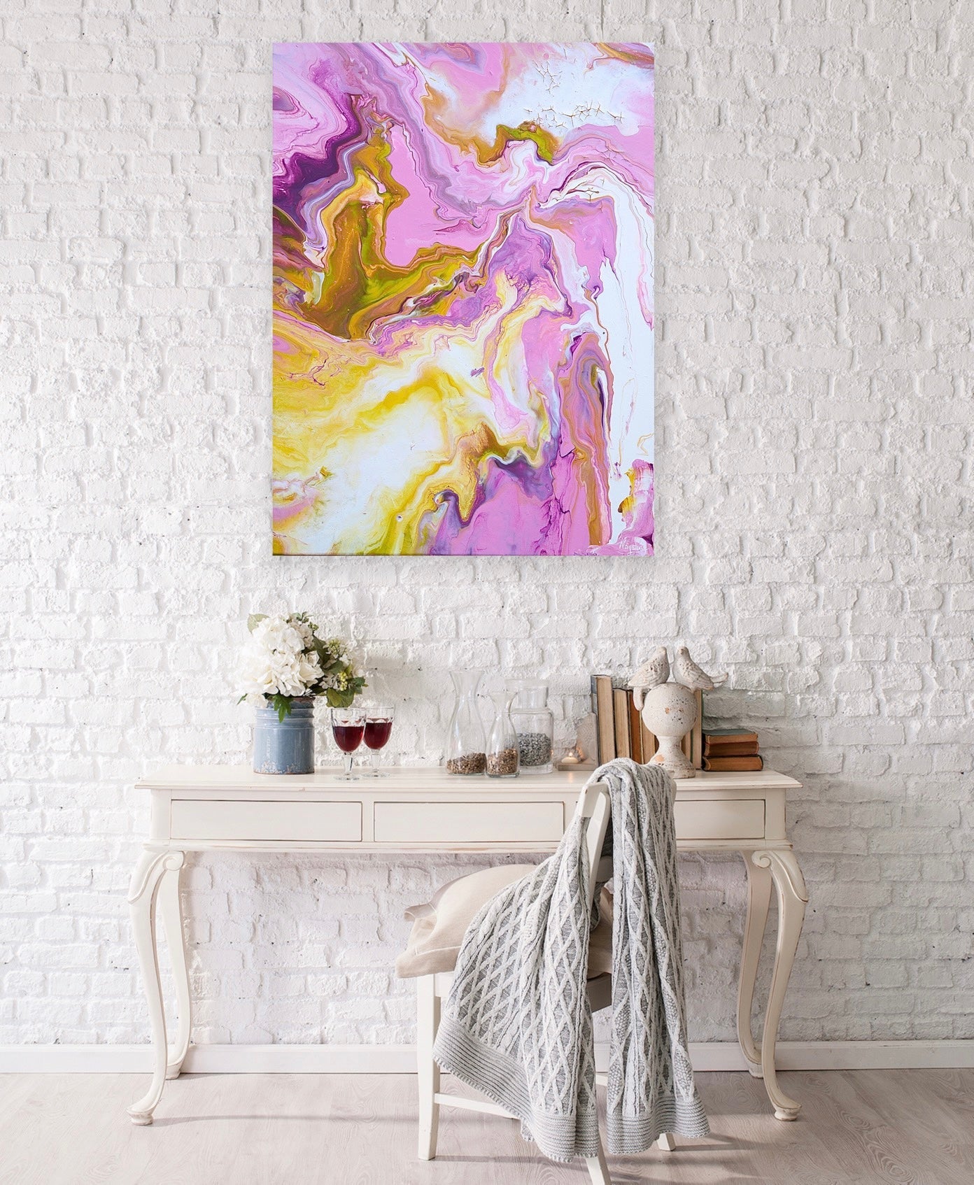 Englemaleri. Englebilde. Maleri med engle energi. Spirituell kunstverk. Healing maleri i vakre rosa og gul toner.