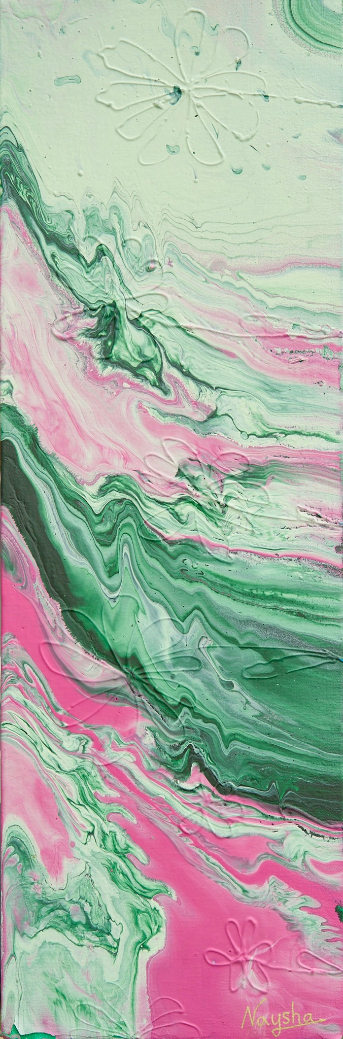 Fargerik kunst. Fargerikt maleri. Rosa og grønt bilde til vegg. Kunst med sjel.