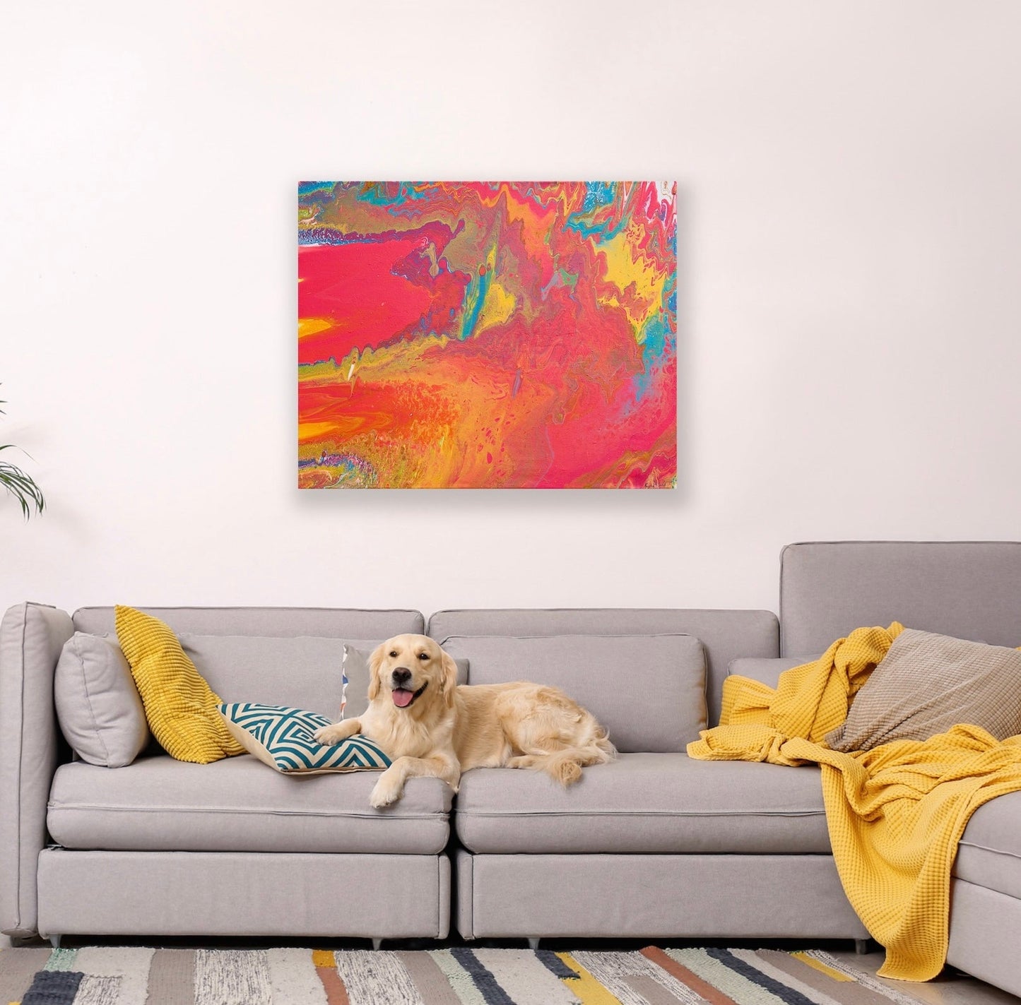 Fargerikt maleri som gir glede. Glade farger til hjemmet. Fargerikt dekor. Kunst til salgs.