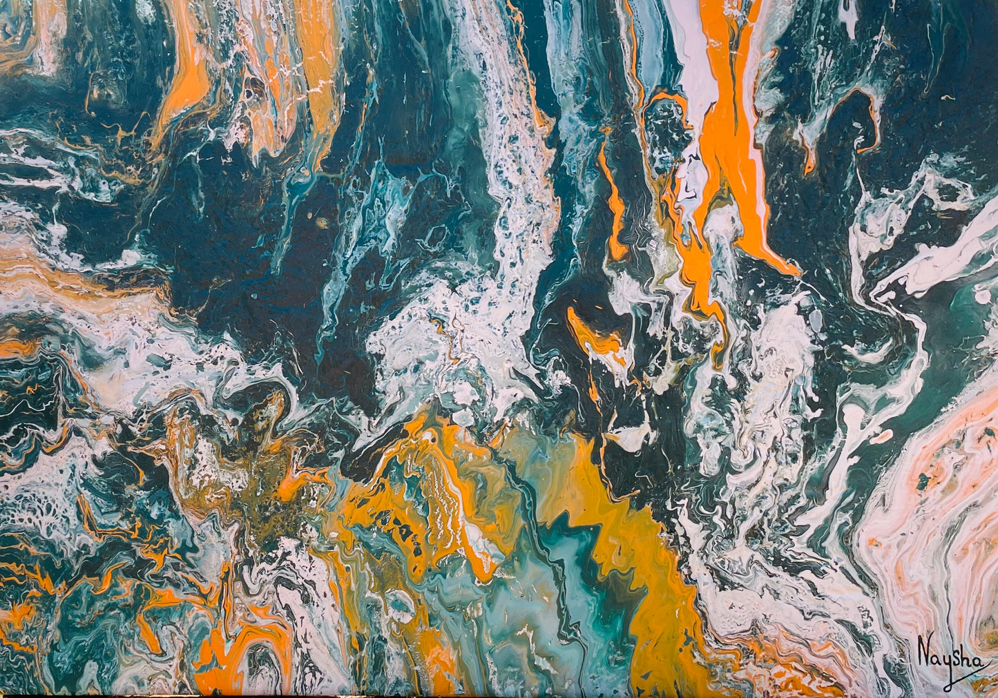Healing maleri i grønn og oransje. Spirituell kunst til veggen.