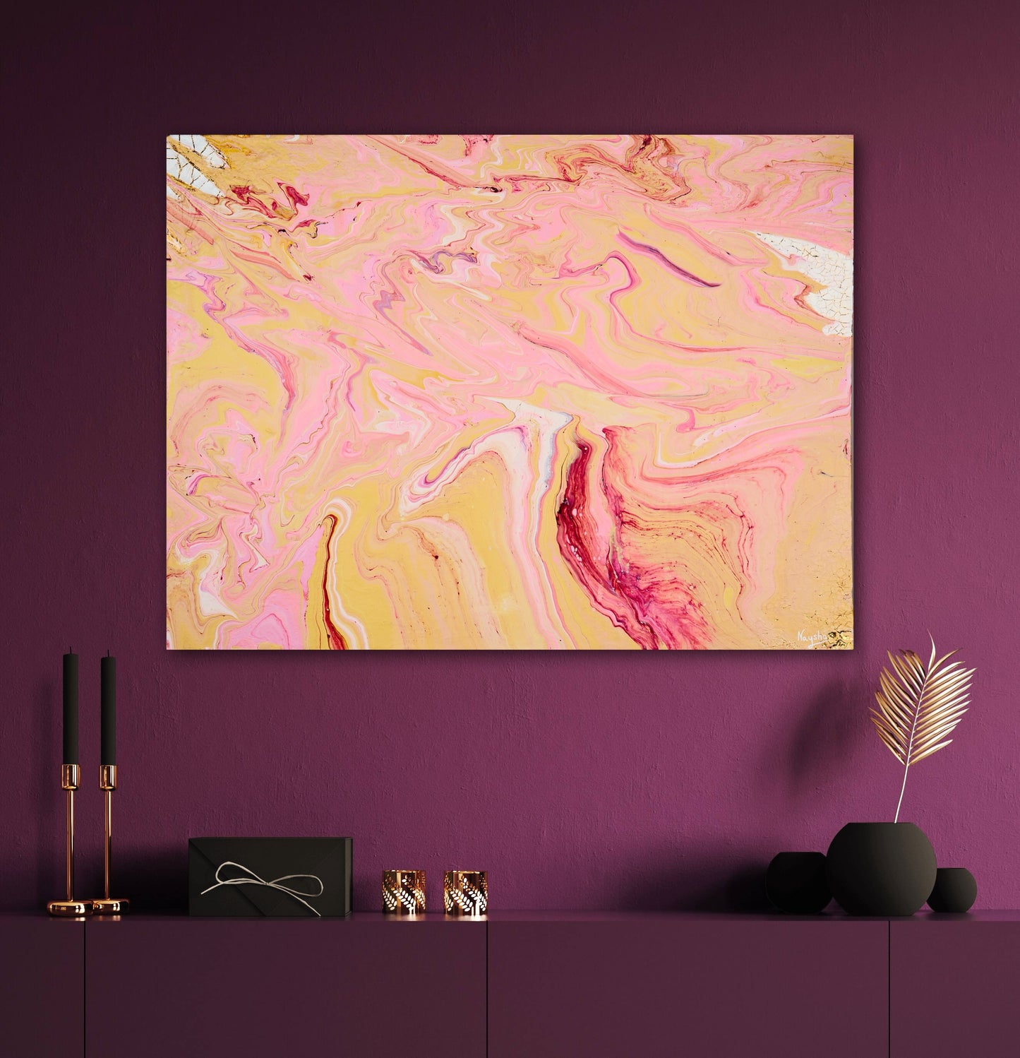 Maleri av en enhjørning. Rosa bilde til stuen. Rosa kunstverk. Sjelebilde. Romatisk maleri.