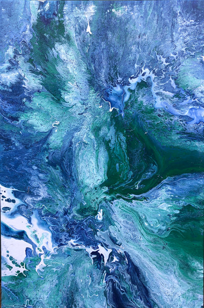 Abstrakt havmaleri. Bilde av naturkrefter. Sterkt Maleri som gir god energi. Healing maleri.  Grønn og blå original kunst til salgs.