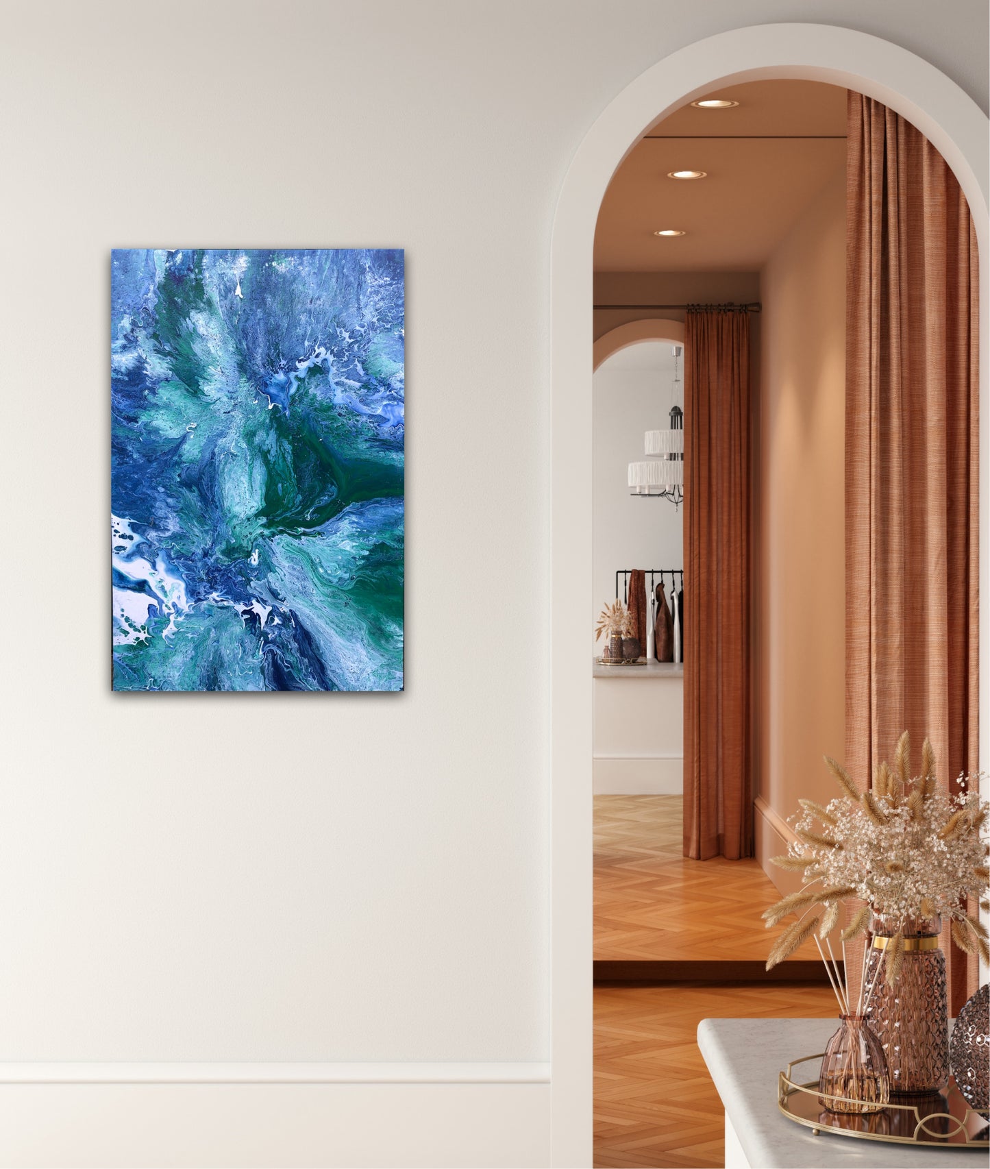 Abstrakt havmaleri. Bilde av naturkrefter. Sterkt Maleri som gir god energi. Healing maleri.  Grønn og blå original kunst til salgs.