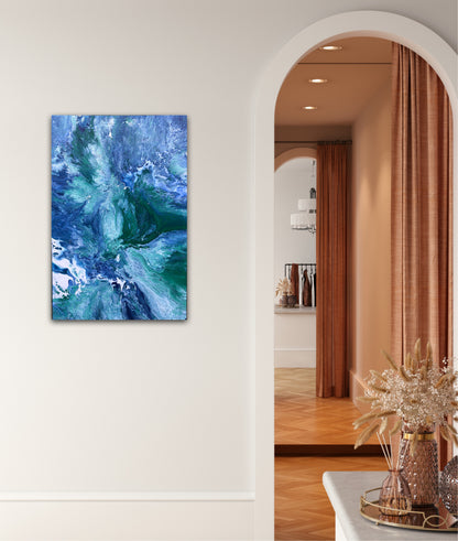 Abstrakt havmaleri. Bilde av naturkrefter. Sterkt Maleri som gir god energi. Healing maleri.  Grønn og blå original kunst til salgs.
