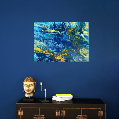 Blått og gult maleri. Maleri med sjel. Fargerikt kunstverk. 