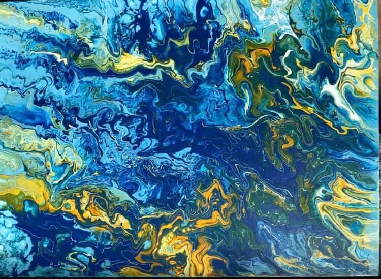 Blått og gult maleri. Maleri med sjel. Fargerikt kunstverk. 