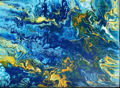 Blått og gult maleri. Maleri med sjel. Fargerikt kunstverk. 