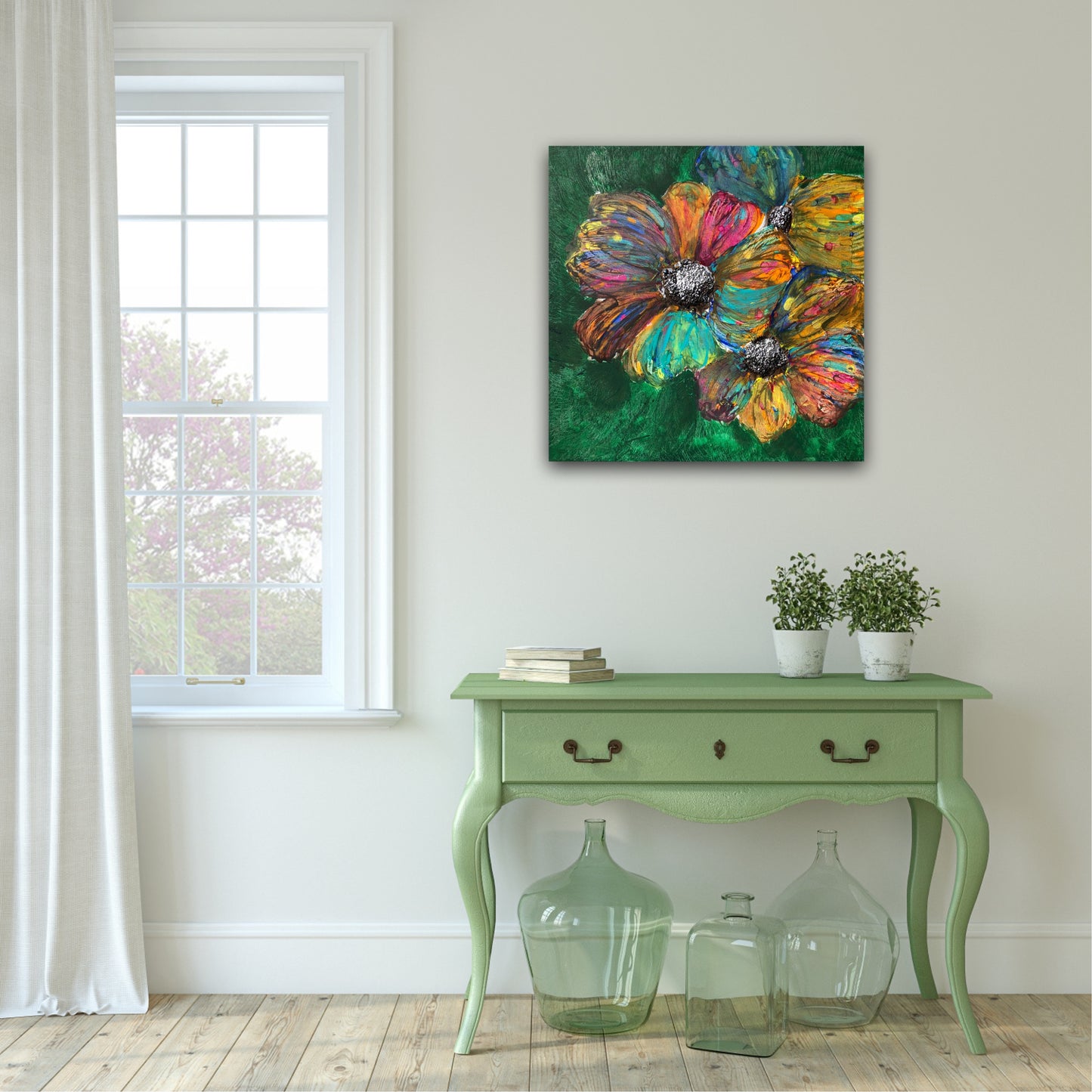 Blomster Maleri. Fargerikt maleri til hjem. Abstrakt kunstverk til gangen i grønt. Fargerike blomster.