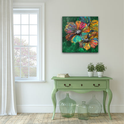 Blomster Maleri. Fargerikt maleri til hjem. Abstrakt kunstverk til gangen i grønt. Fargerike blomster.