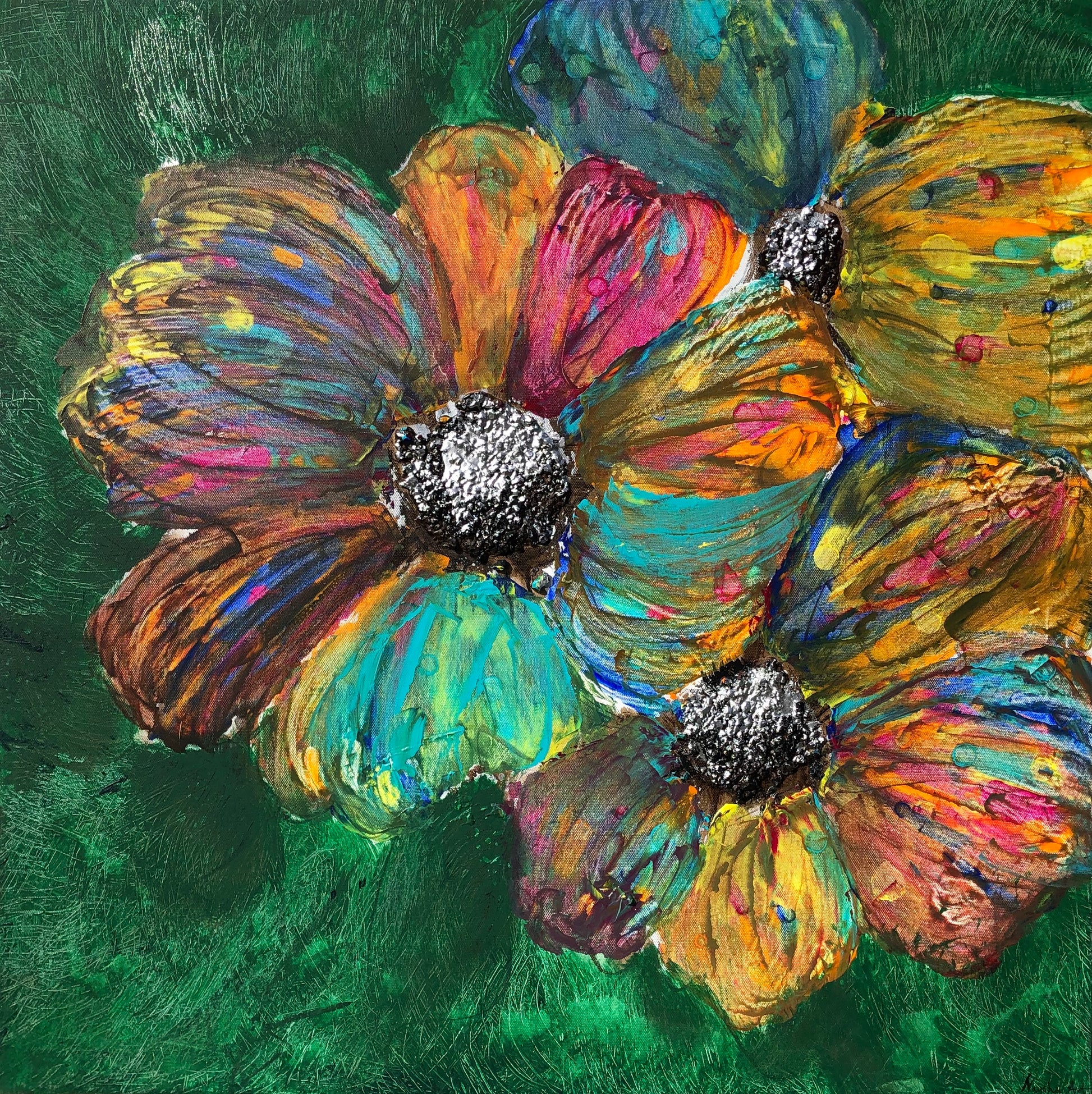 Blomster Maleri. Fargerikt maleri til hjem. Abstrakt kunstverk til gangen i grønt. Fargerike blomster. 1
