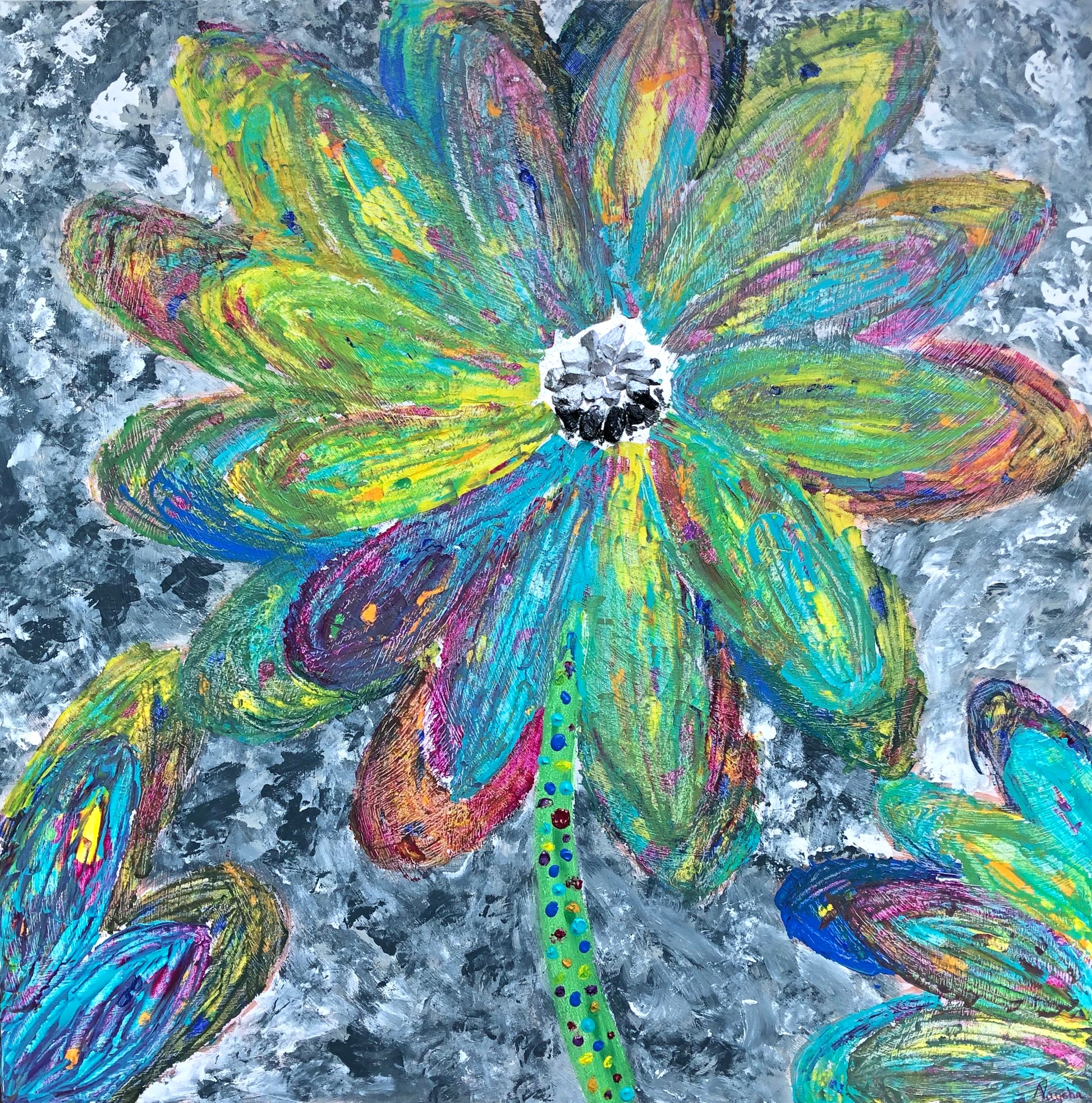 Blomster Maleri. Stort fargerikt maleri av blomster. Spirituell kunst med sjel.