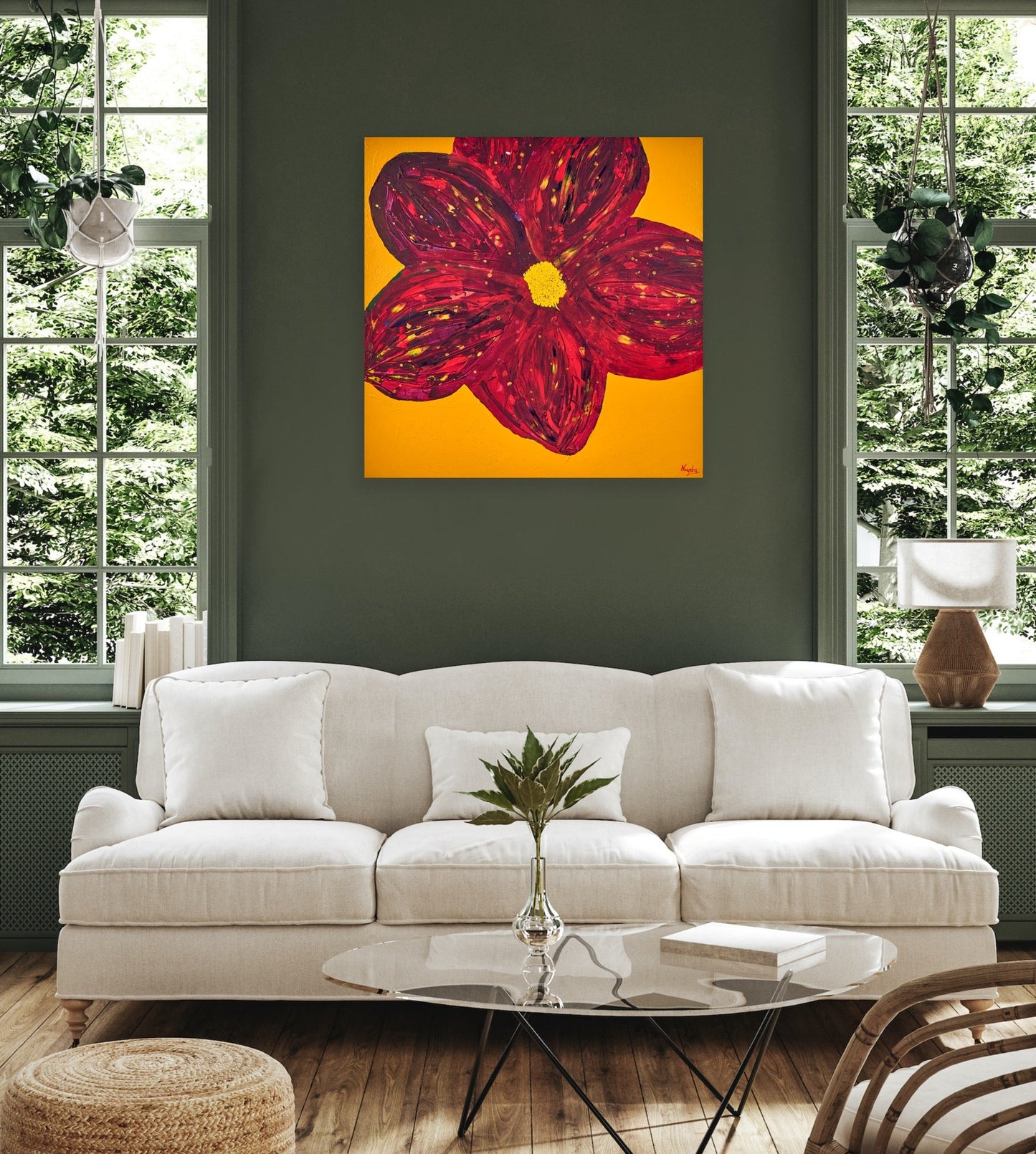 Blomster maleri. Fargerik blomst til stuen. Blomster dekor til hjemmet.