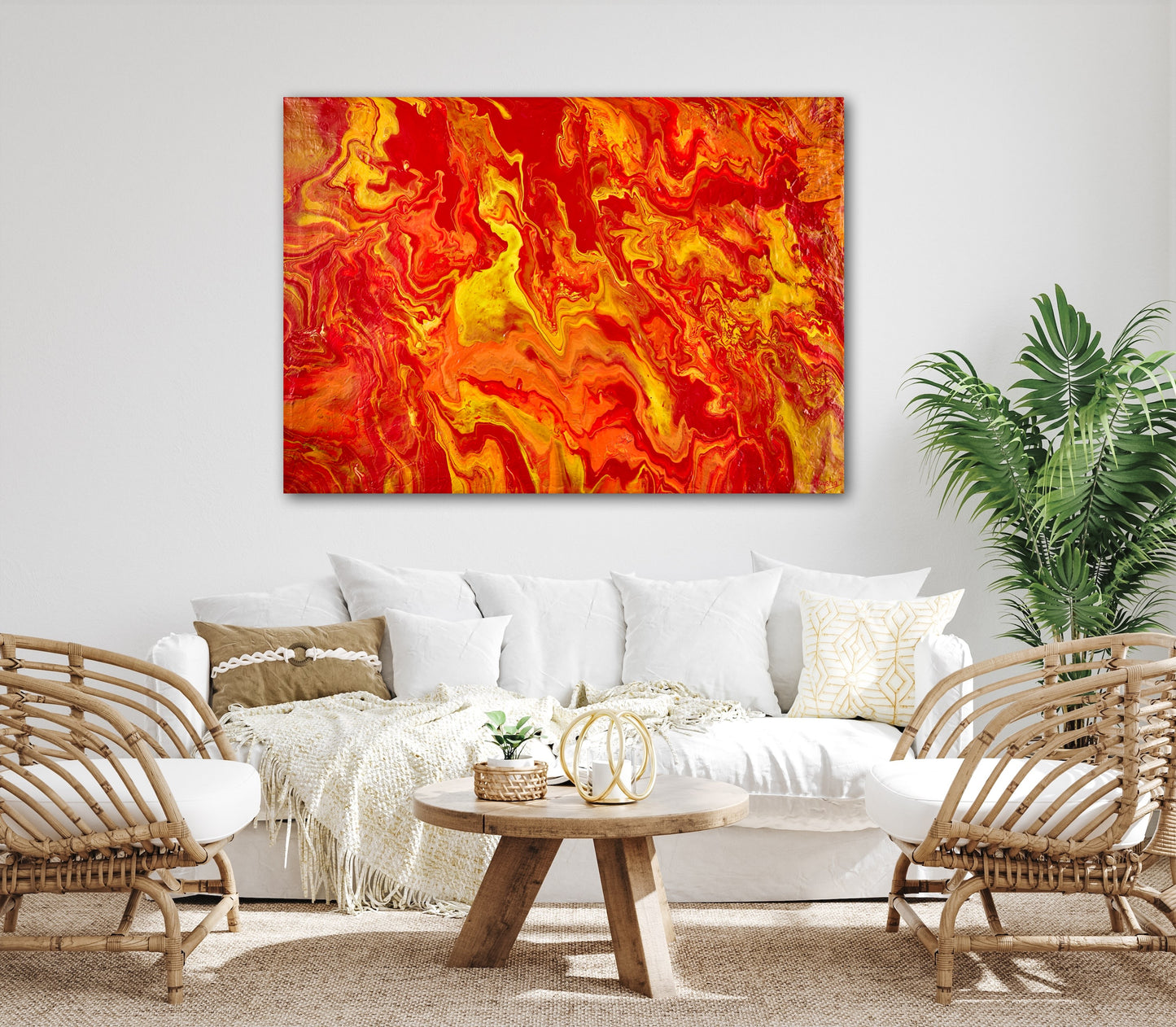 Stort maleri til stuen. Flamme maleri. Rødt, gult og oransje. Kunst av føniks. 
