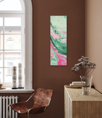 Fargerik kunst. Fargerikt maleri. Rosa og grønt bilde til vegg. Kunst med sjel.