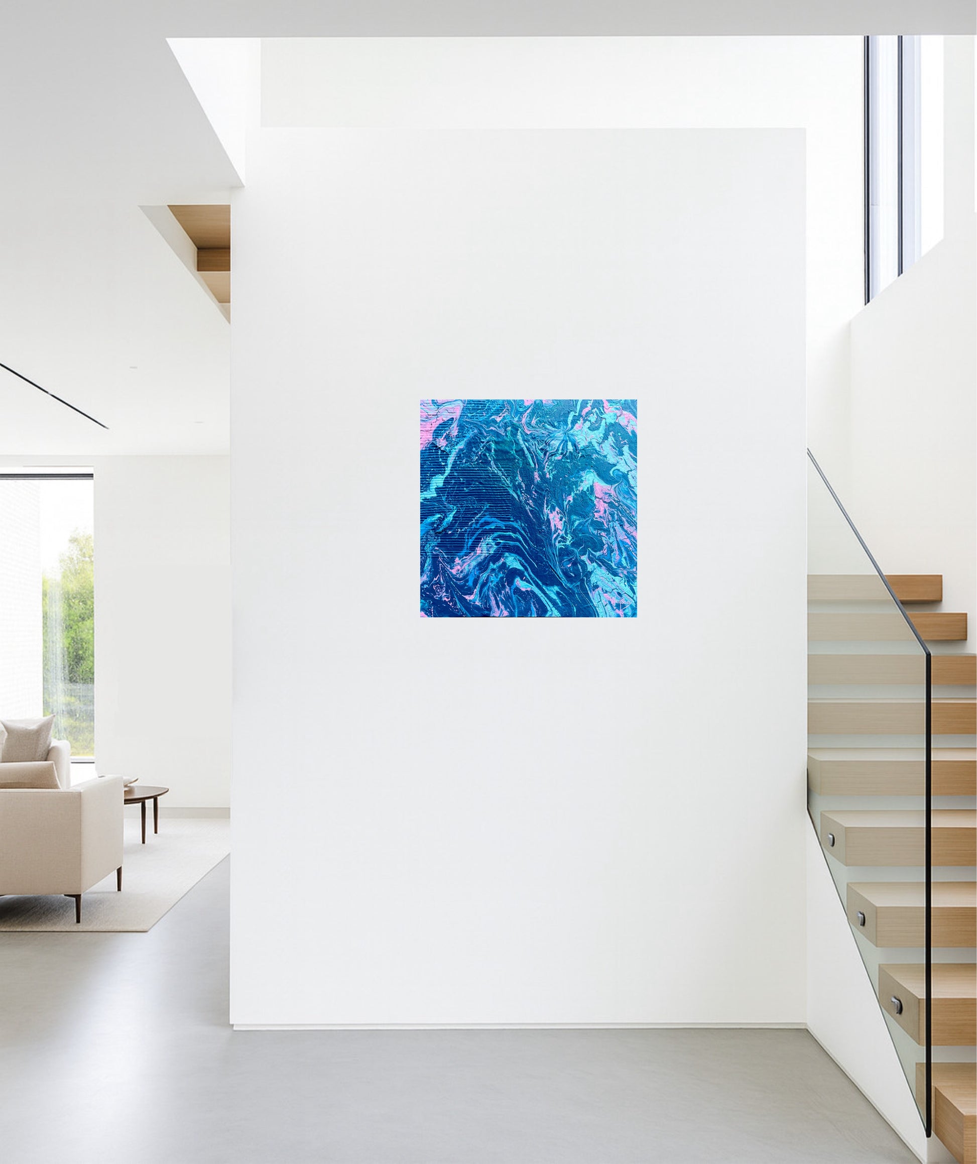 Fargerikt bilde til stor vegg med to sommerfugler. Blått abstrakt maleri. Original kunst. Havbilde