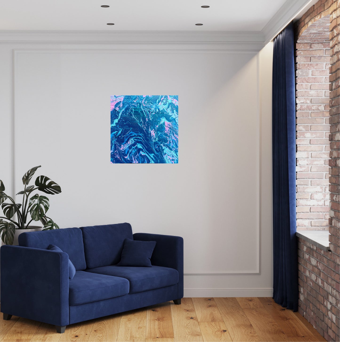 Fargerikt bilde til stue med to sommerfugler. Blått abstrakt maleri. Original kunst.