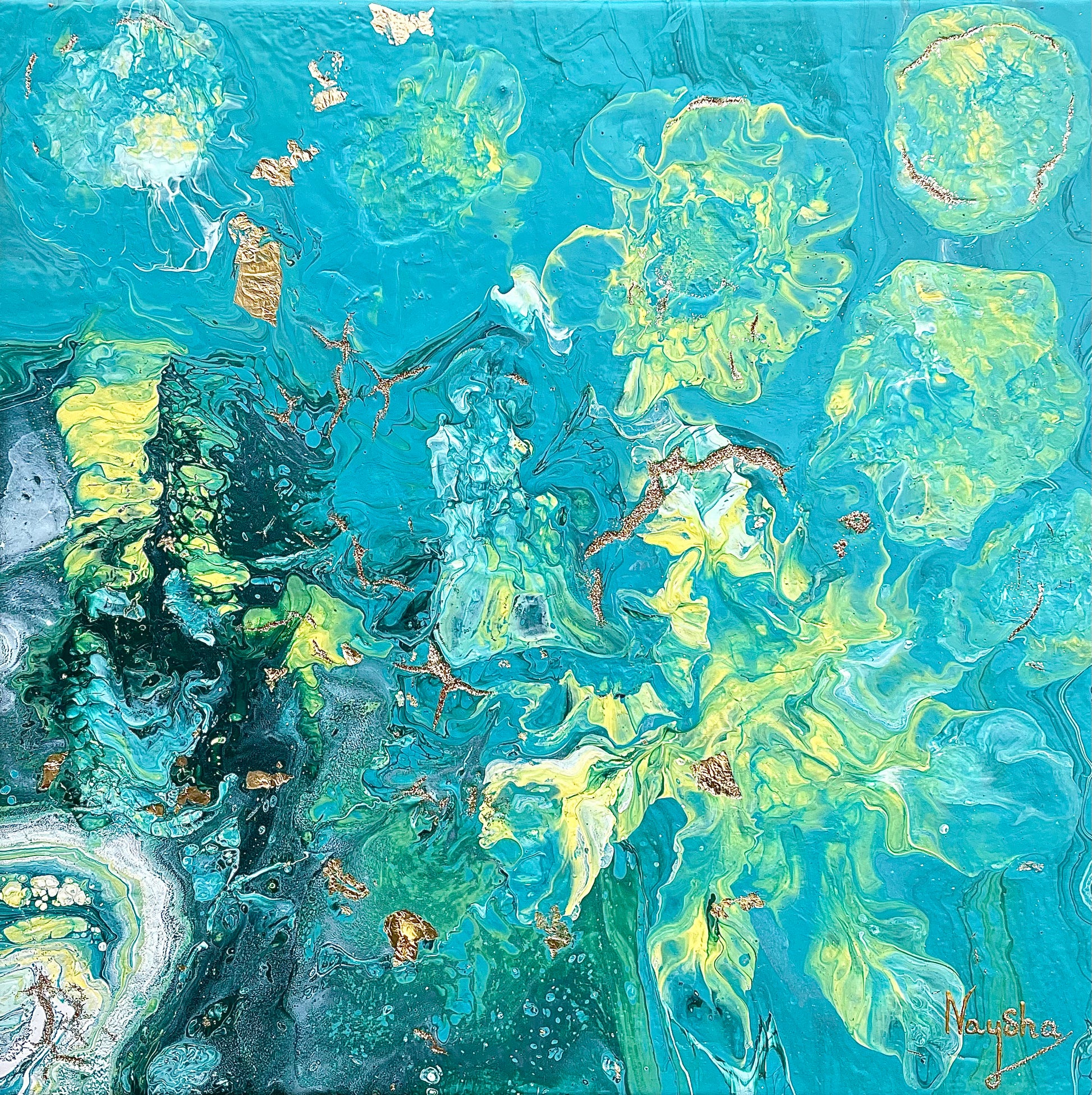 Fargerikt bilde til vegg - abstrakt original kunst. Havbilde i blå, grønn, gul og gull.