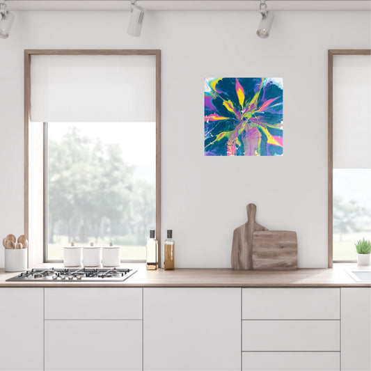 Fargerikt bilde til vegg i blå, gul og lilla. Maleri på kjøkken. Original kunst.