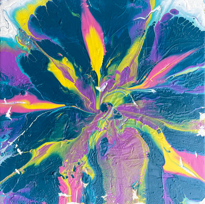 Fargerikt bilde til vegg i blå, gul og lilla. Original kunst på nett.