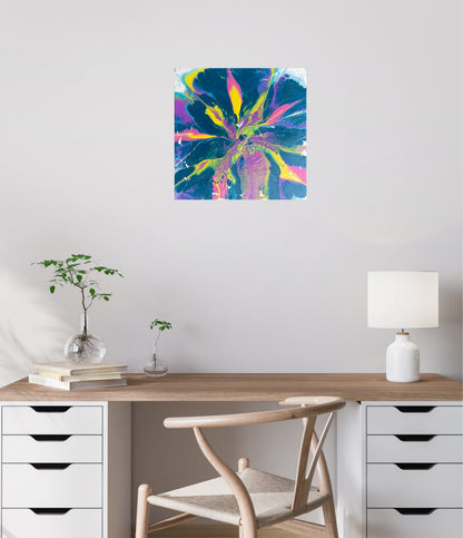Fargerikt bilde til vegg i blå, gul og lilla. Original kunst til kontor.