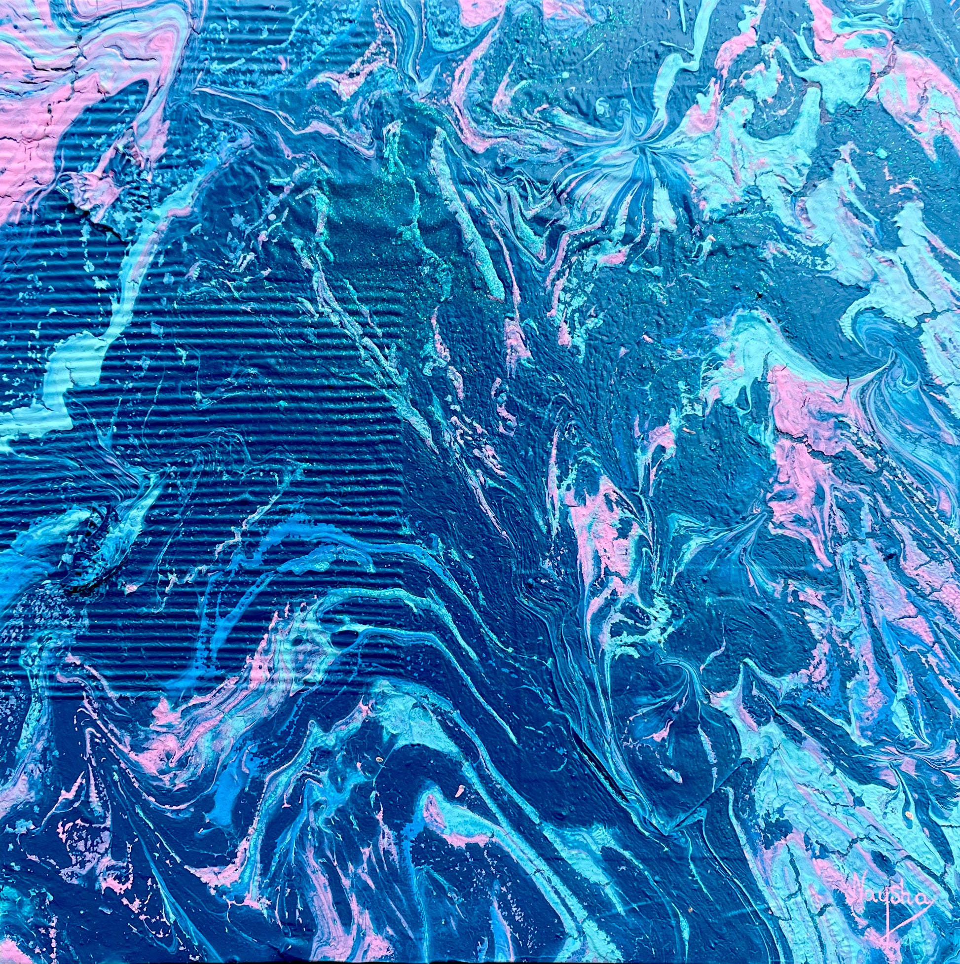 Fargerikt bilde til vegg med to sommerfugler. Blått abstrakt maleri. Original kunst.