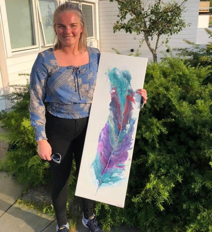 Fargerikt fjær maleri. Avlangt unik kunst til vegg. Kunstkjøp i Bergen. Englemaleri