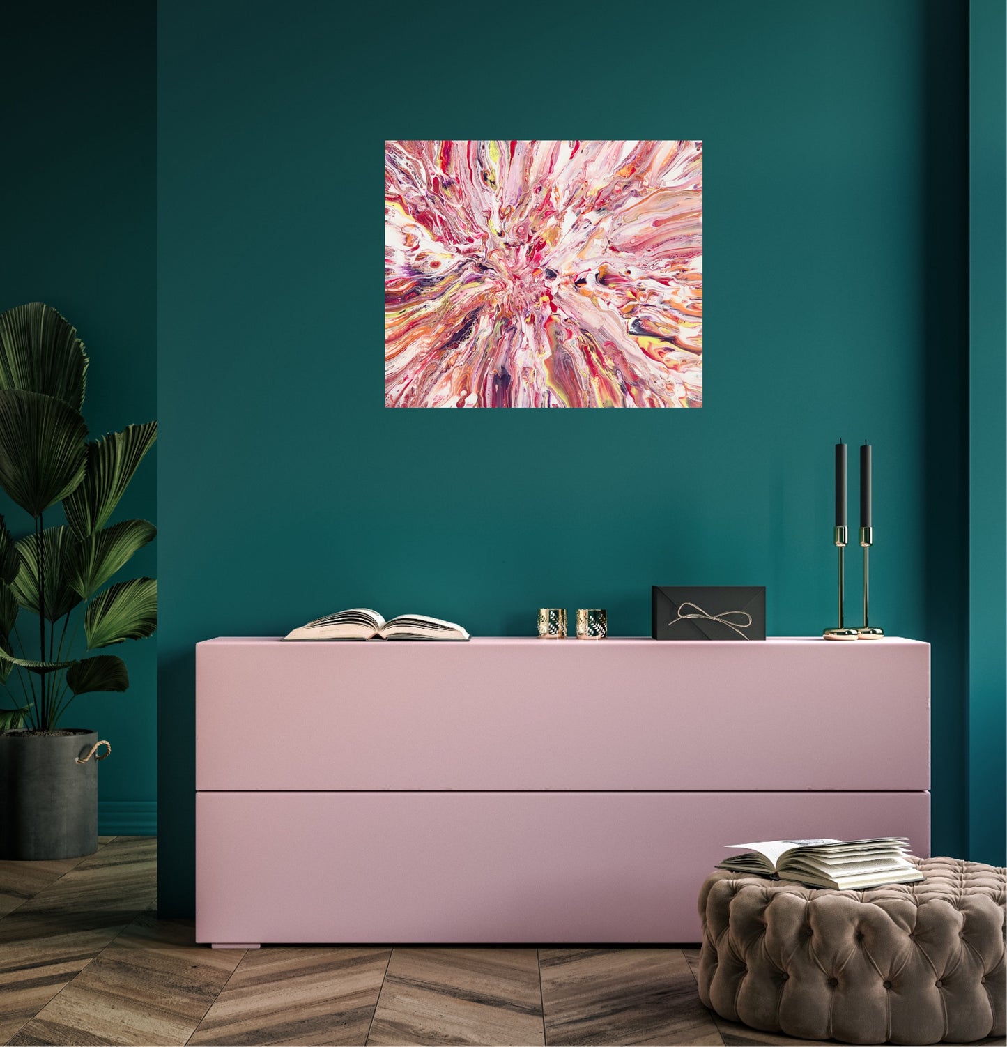 Fargerikt maleri i et fargerikt hjem. Inspirasjon til hjemmedekor. Original kunst på nett. 