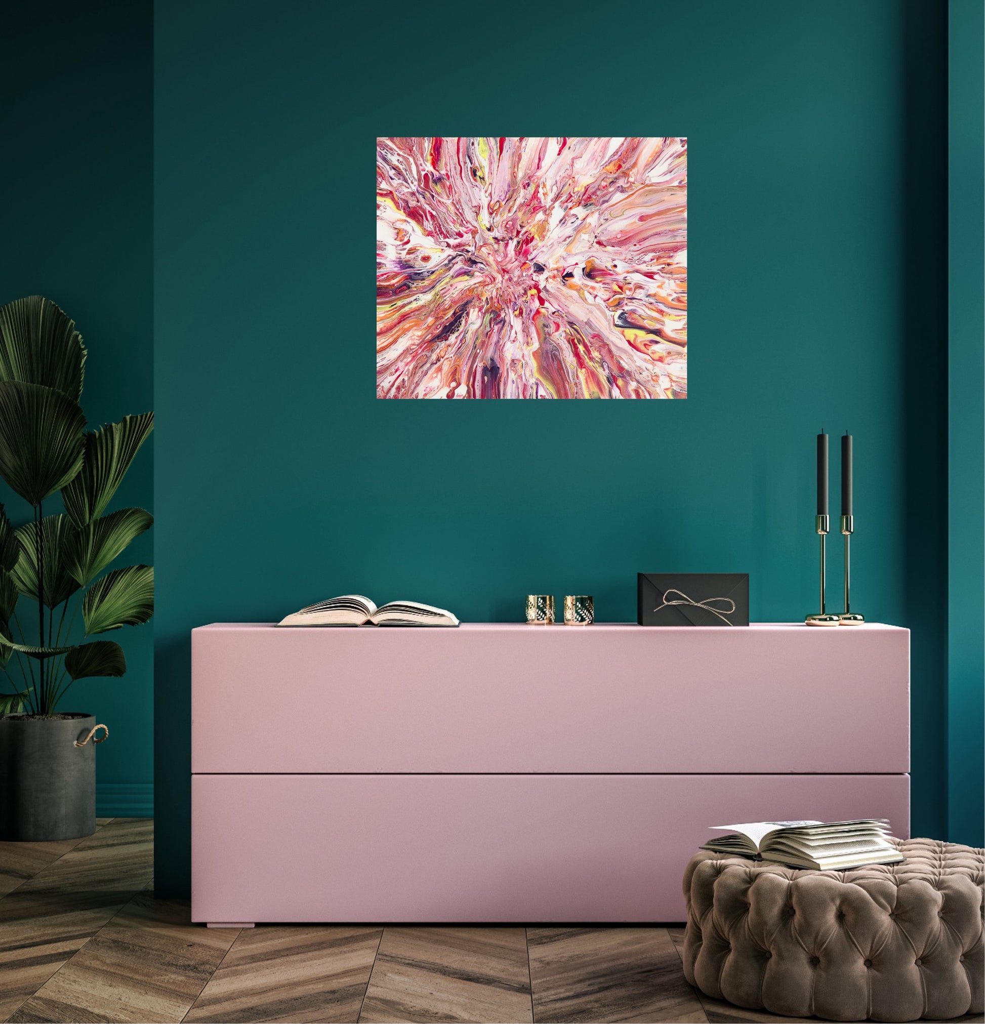 Fargerikt maleri i et fargerikt hjem. Inspirasjon til hjemmedekor. Original kunst på nett. 