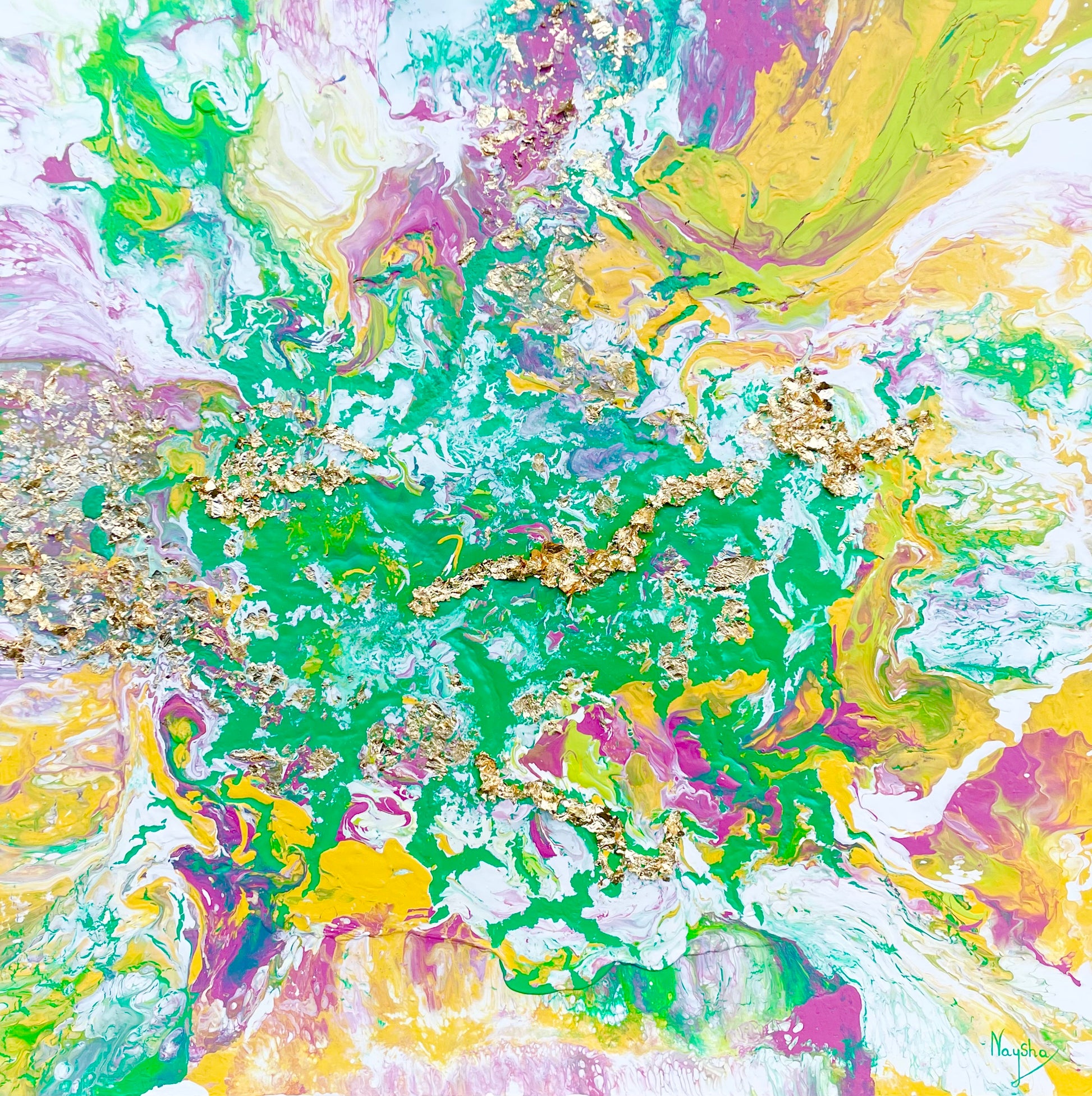 Fargerikt maleri i grønn, rosa, gul og hvit. Original kunst.