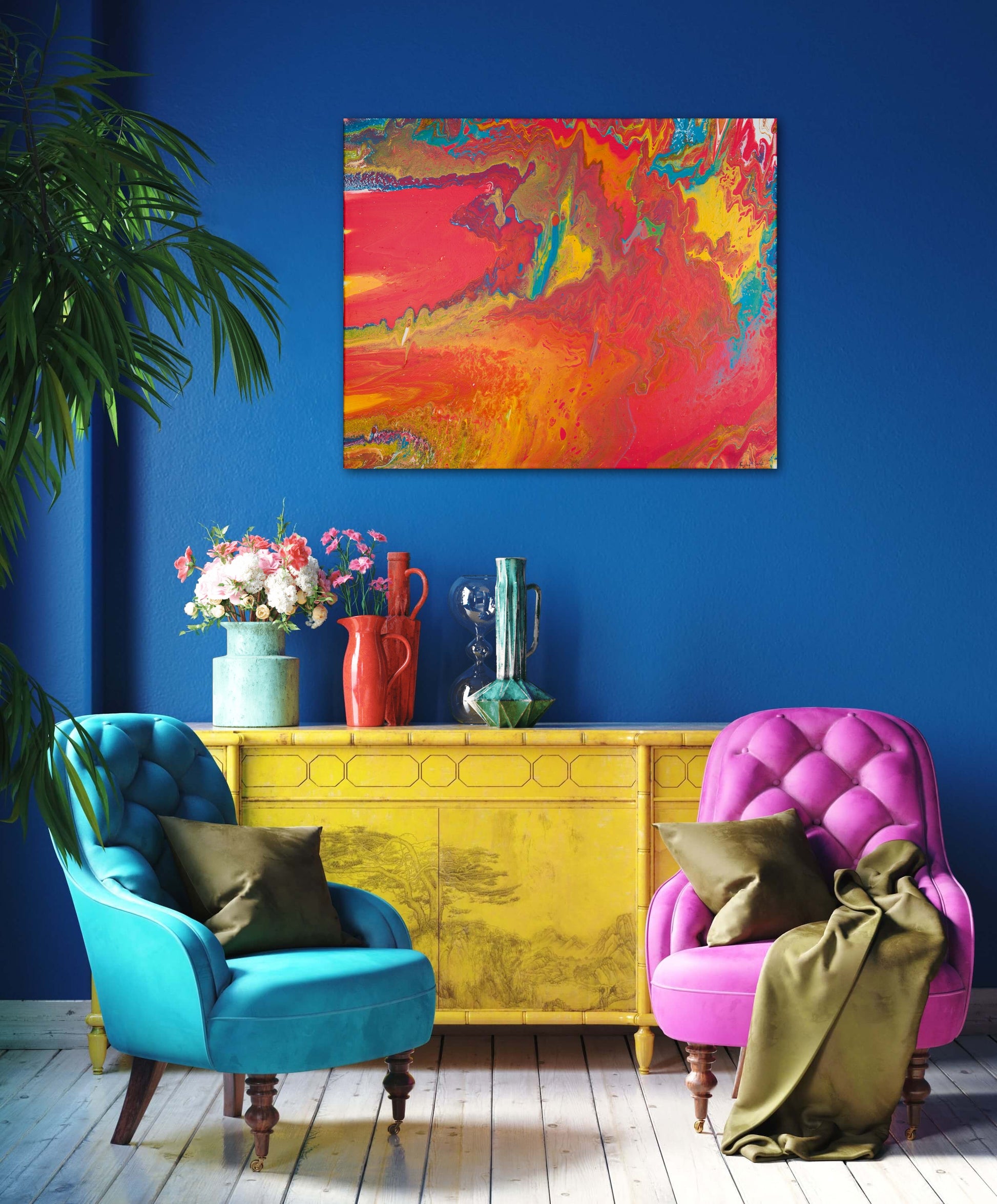 Fargerikt maleri som gir glede. Glade farger til hjemmet. Fargerikt dekor. Kunst til salgs.