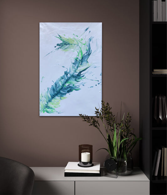 Fjær maleri. Maleri av blå og grønn fjær. Kunstner maler på bestilling.