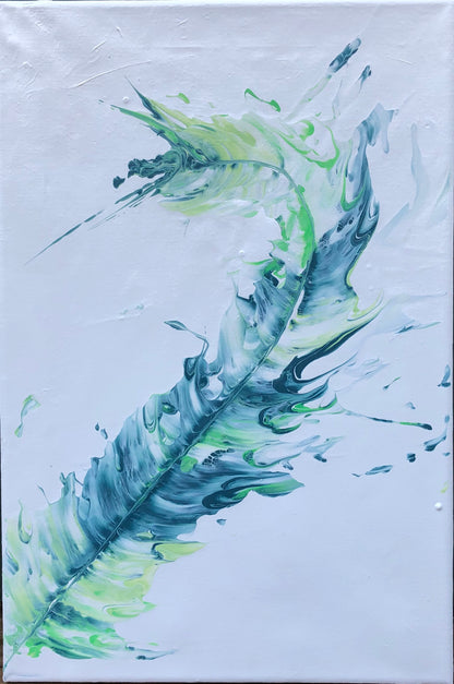Fjær maleri. Maleri av blå og grønn fjær. Kunstner maler på bestilling. Healing maleri. Englebilde.