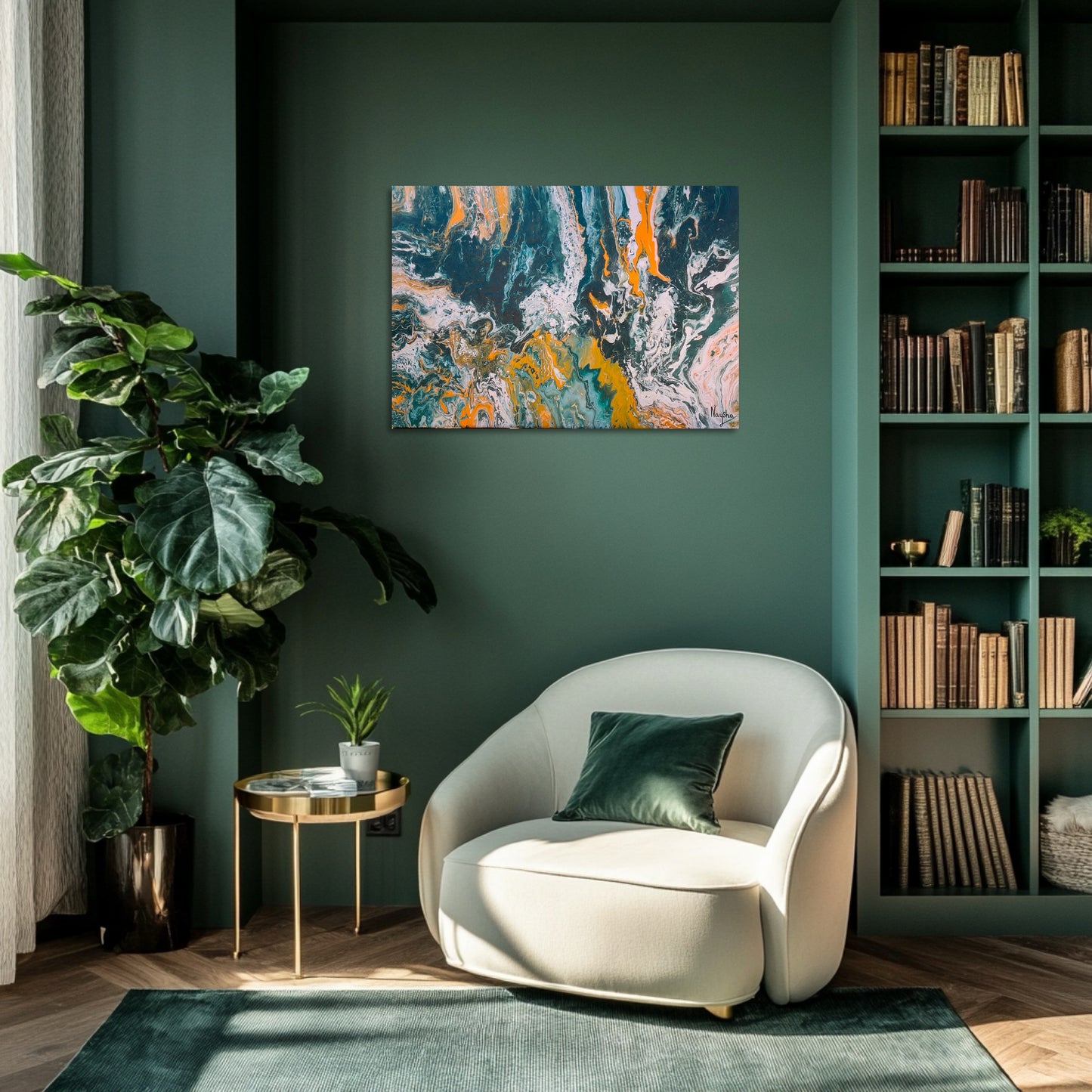 Healing maleri i grønn og oransje. Spirituell kunst til veggen.