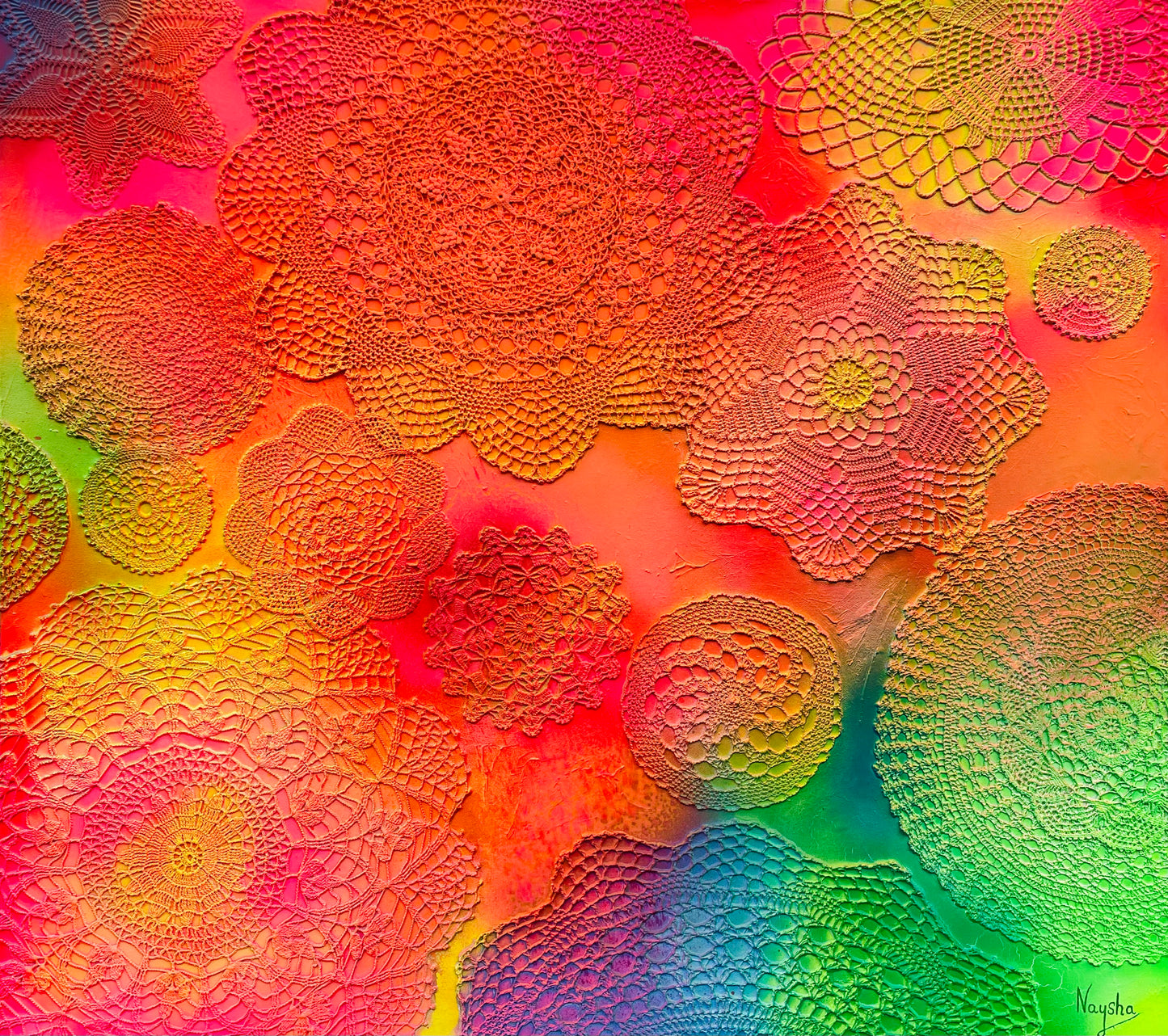 Hekleduker i maleri. Gode farger til hjemmet. Fargerik kunst. 