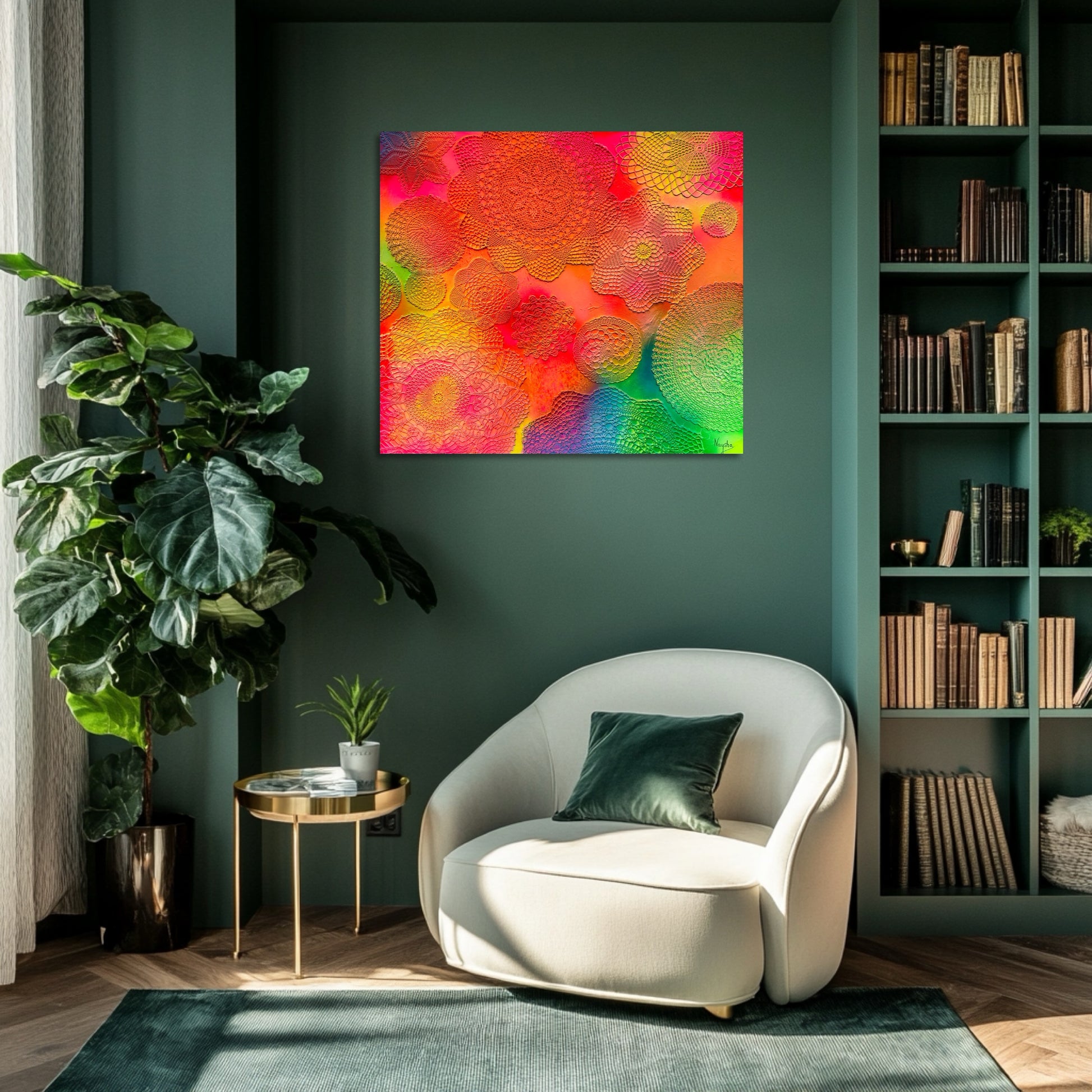 Hekleduker i maleri. Gode farger til hjemmet. Fargerik kunst. 