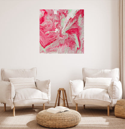 Kunst man blir glad av. Stort Abstrakt maleri til stue. Fargerikt maleri. 90 cm x 90 cm 