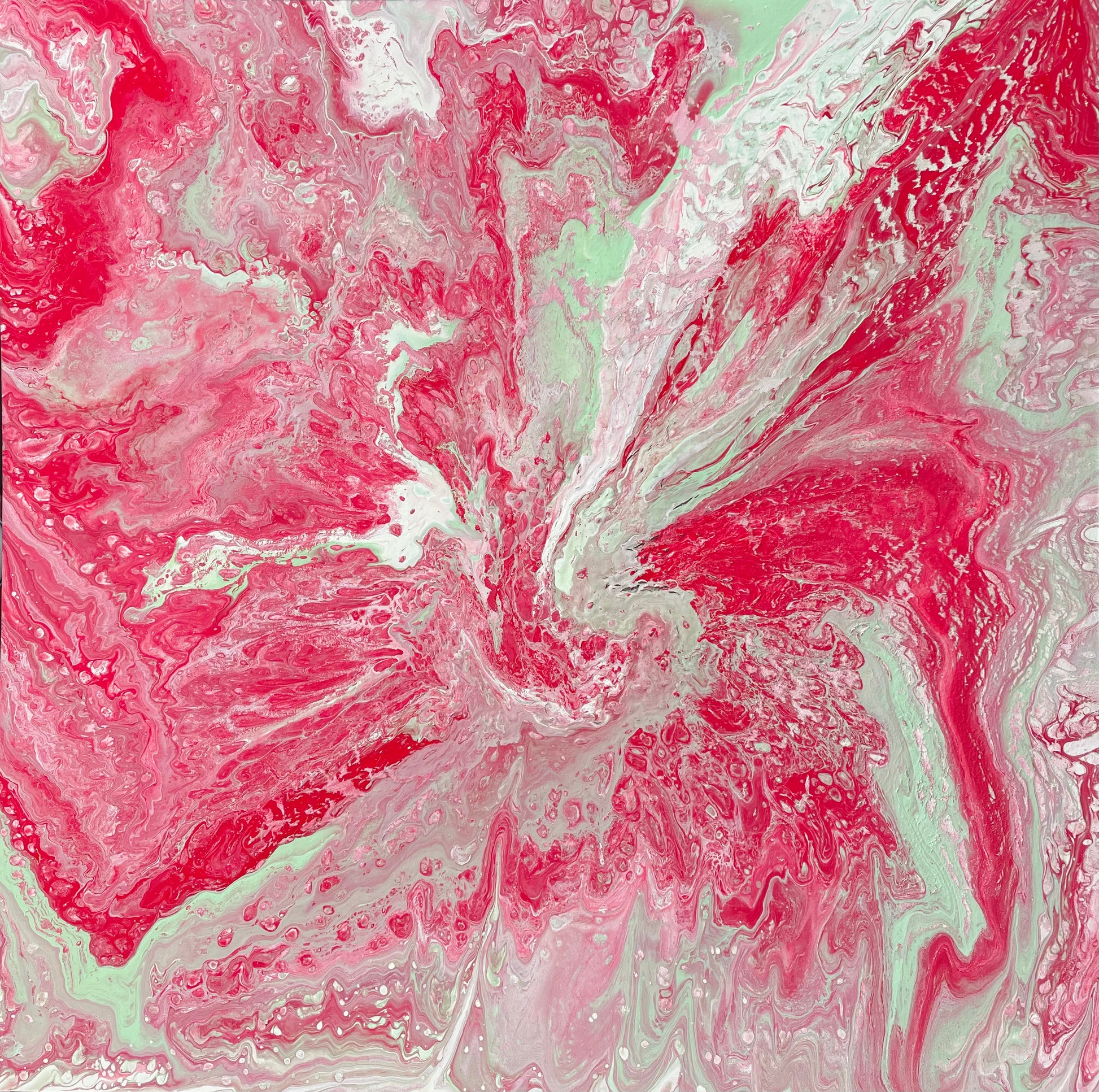 Kunst man blir glad av. Stort Abstrakt maleri til stue. Fargerikt maleri. 90 cm x 90 cm 