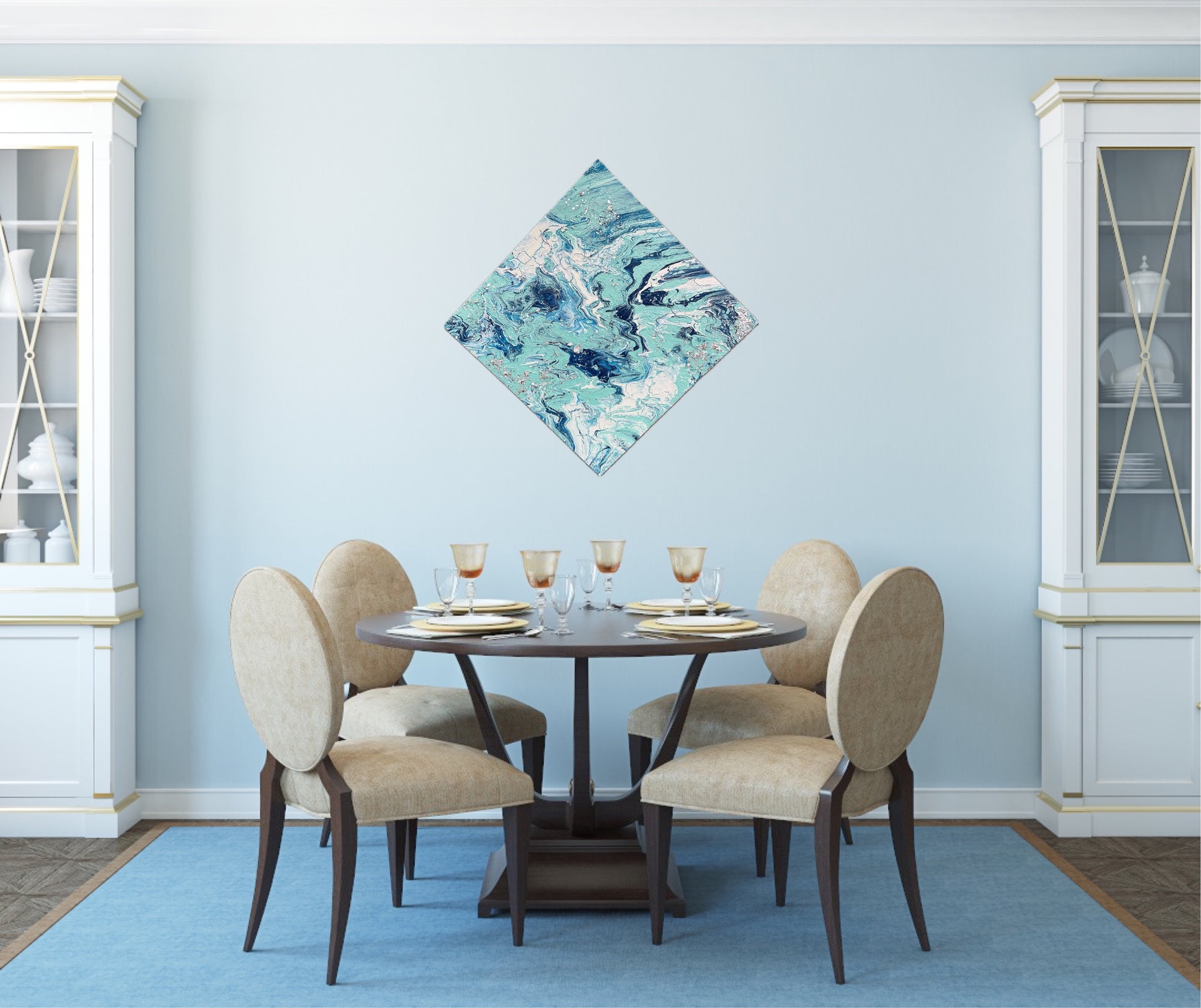 Stilfullt maleri til veggen i harmoniske farger. Kunst som skiller seg ut.