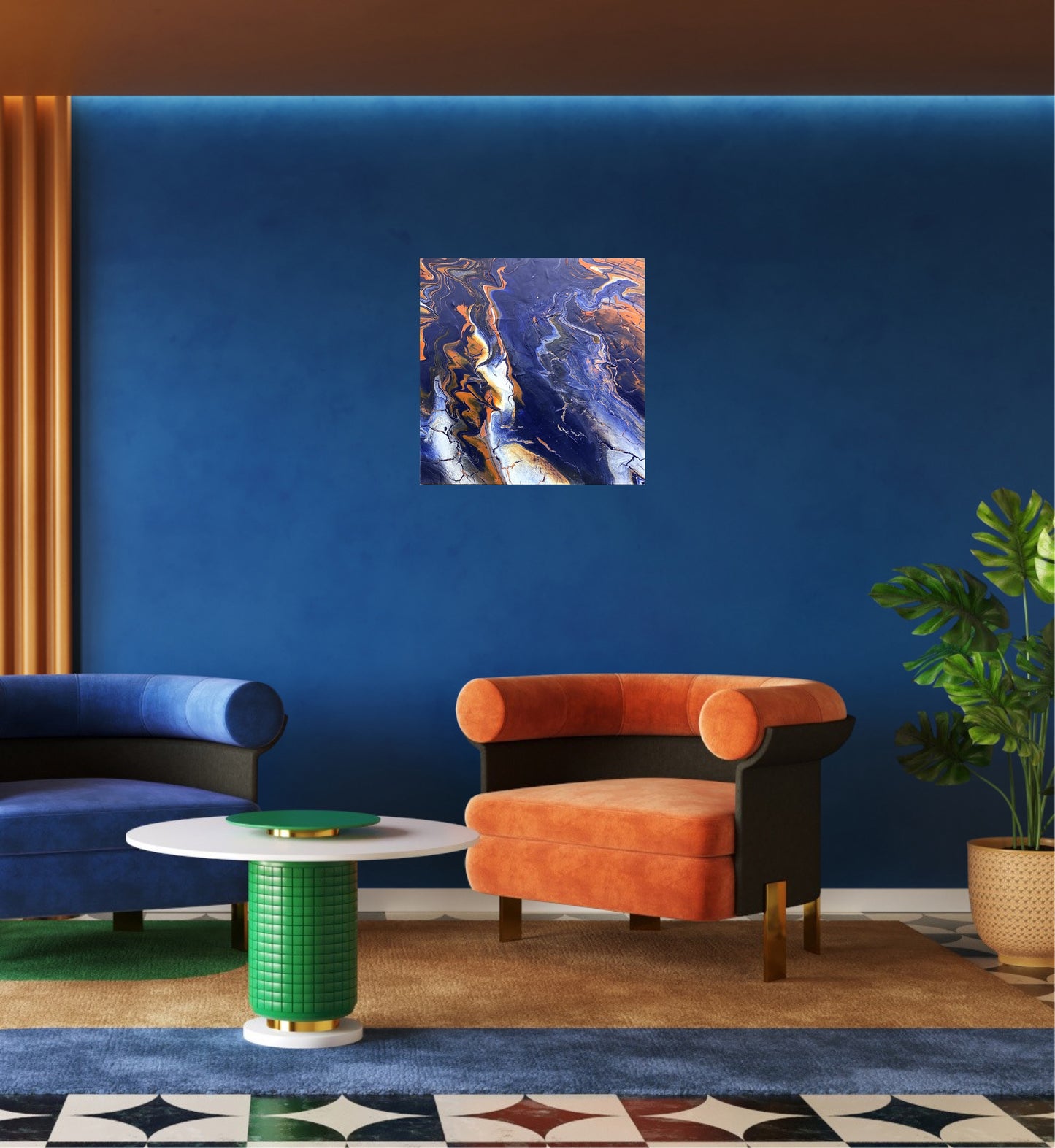 Lite abstrakt Fargerikt maleri til stuen.  Original kunst av Naysha. Blått og oransje maleri. 