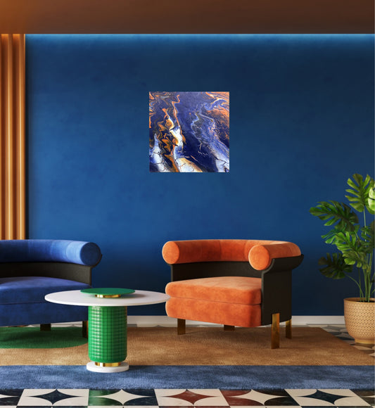 Lite abstrakt Fargerikt maleri til stuen.  Original kunst av Naysha. Blått og oransje maleri. 