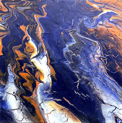 Lite abstrakt Fargerikt maleri til stuen.  Original kunst av Naysha. Blått og oransje maleri. 