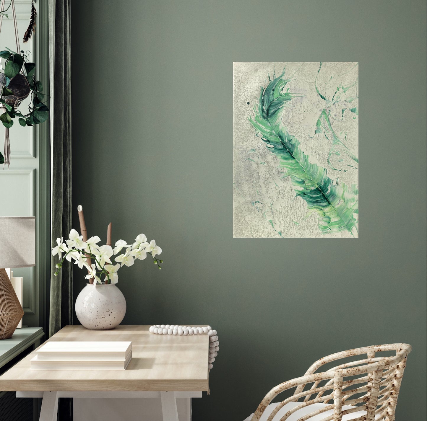 Maleri av fjær. Grønt maleri. Original kunstverk. 