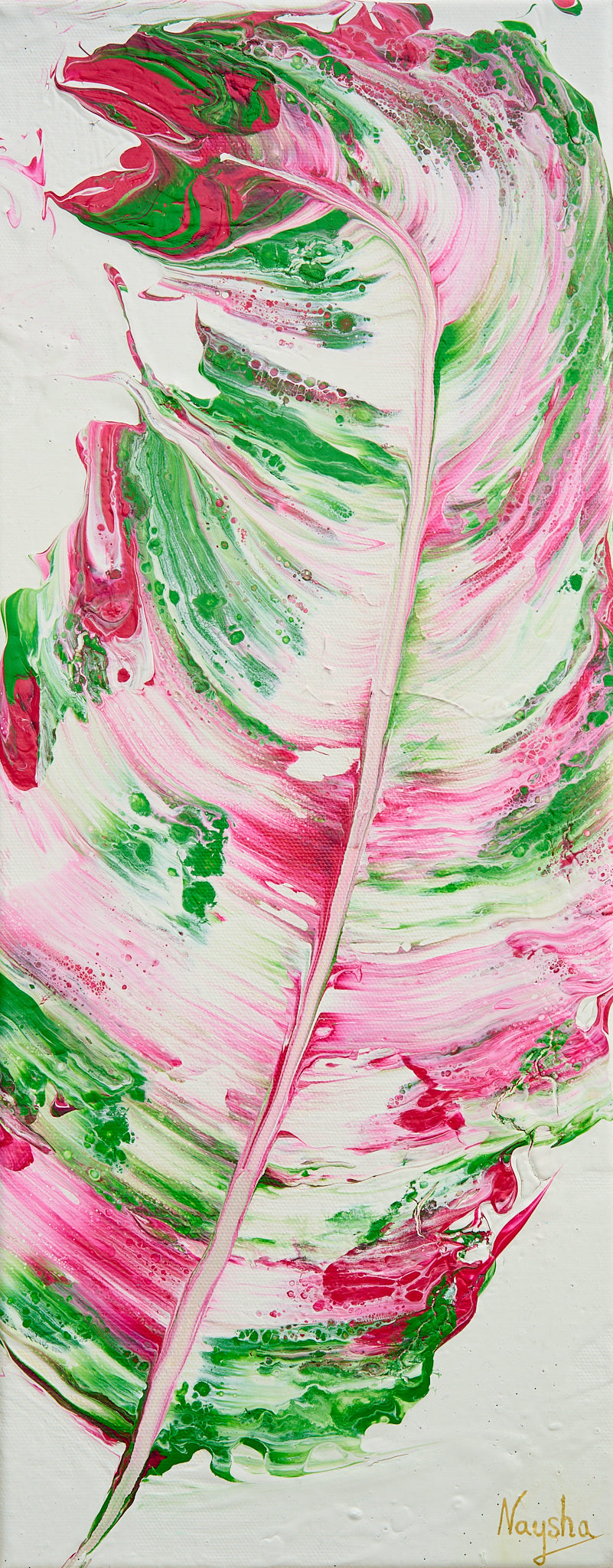 Fargerik fjær maleri. Maleri av fjær. Grønt og rosa bilde til vegg.