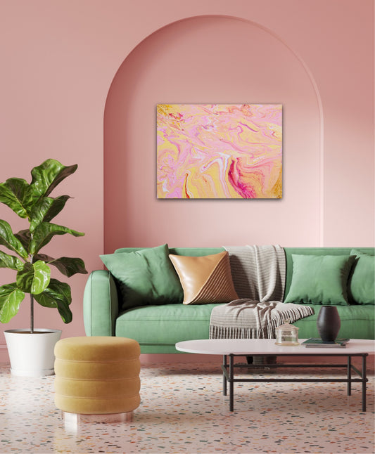 Maleri av en enhjørning. Rosa bilde til stuen. Rosa kunstverk. Sjelebilde.