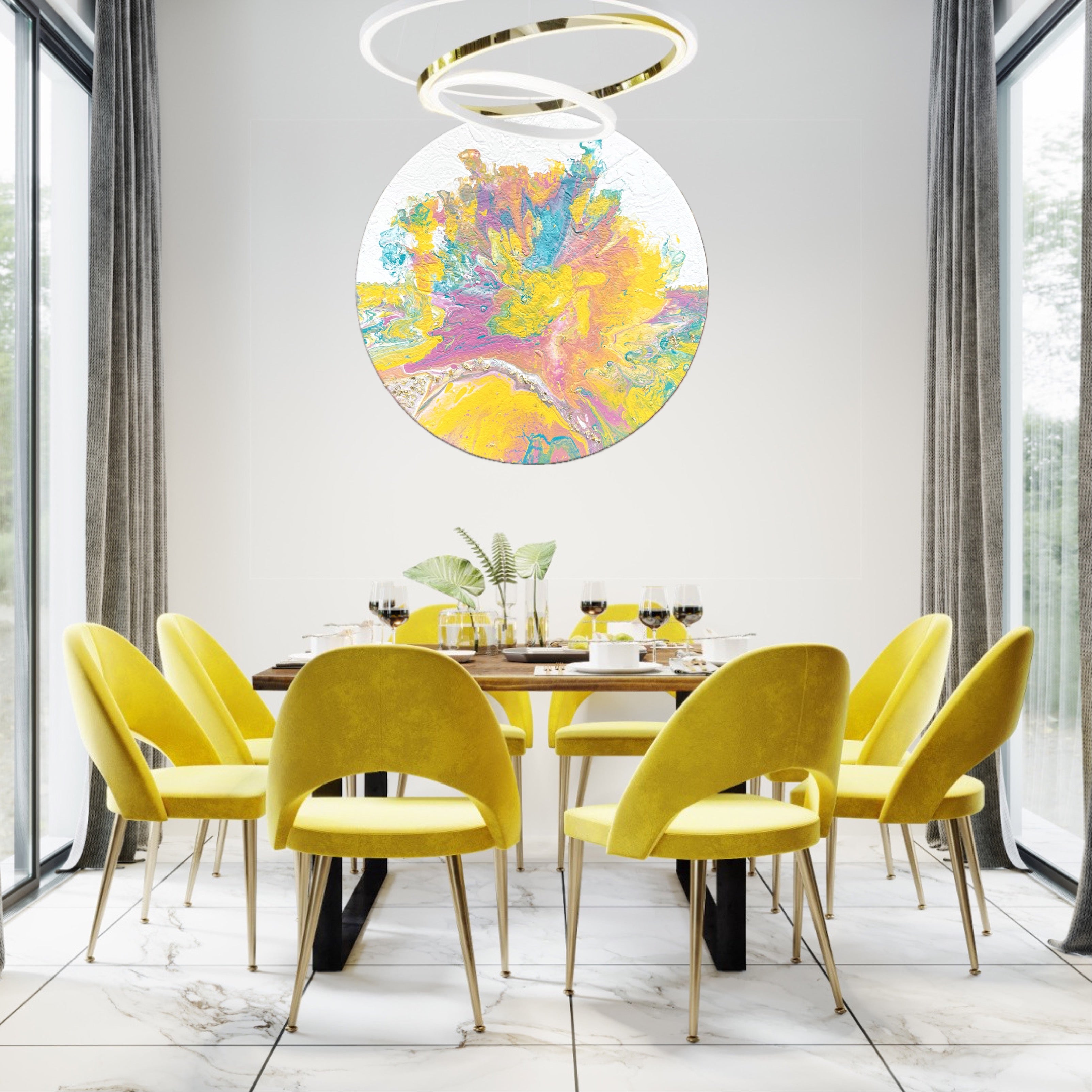 Rundt fargerikt maleri til stuen. Positiv kunst