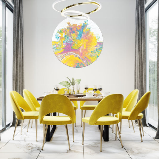 Rundt fargerikt maleri til stuen. Positiv kunst