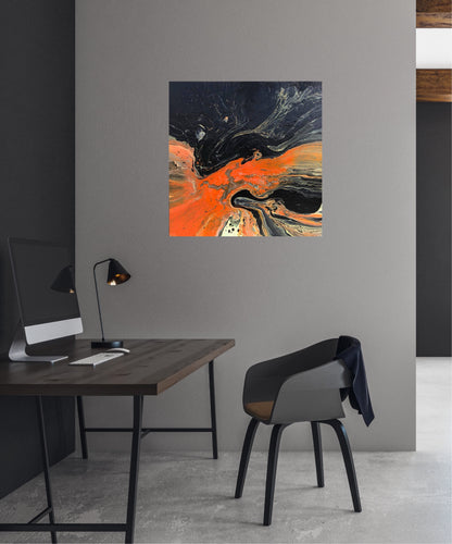 Stilig kunst til kontoret. Oransje og svart Original kunst til hjem. Kraftfullt maleri. Kunst med sjel. 