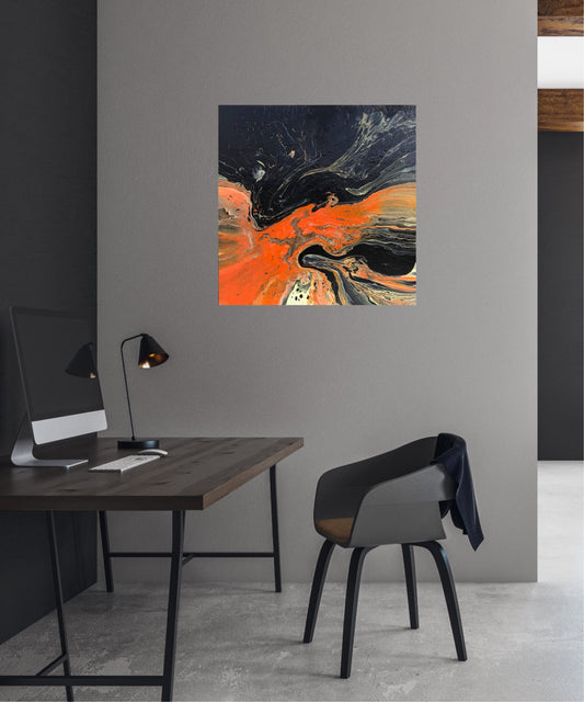 Stilig kunst til kontoret. Oransje og svart Original kunst til hjem. Kraftfullt maleri. Kunst med sjel. 