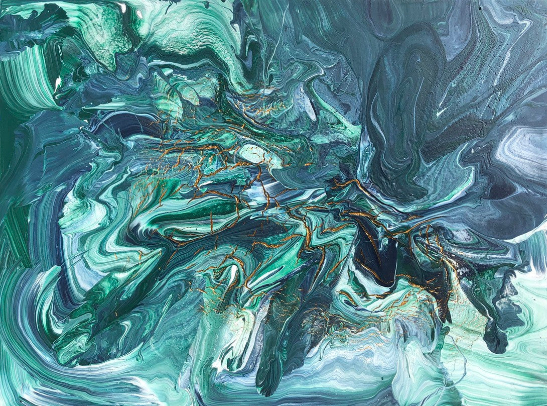 Stort abstrakt fargerikt maleri. Grønt og blått kunstverk. Spirituell kunst på nett. 