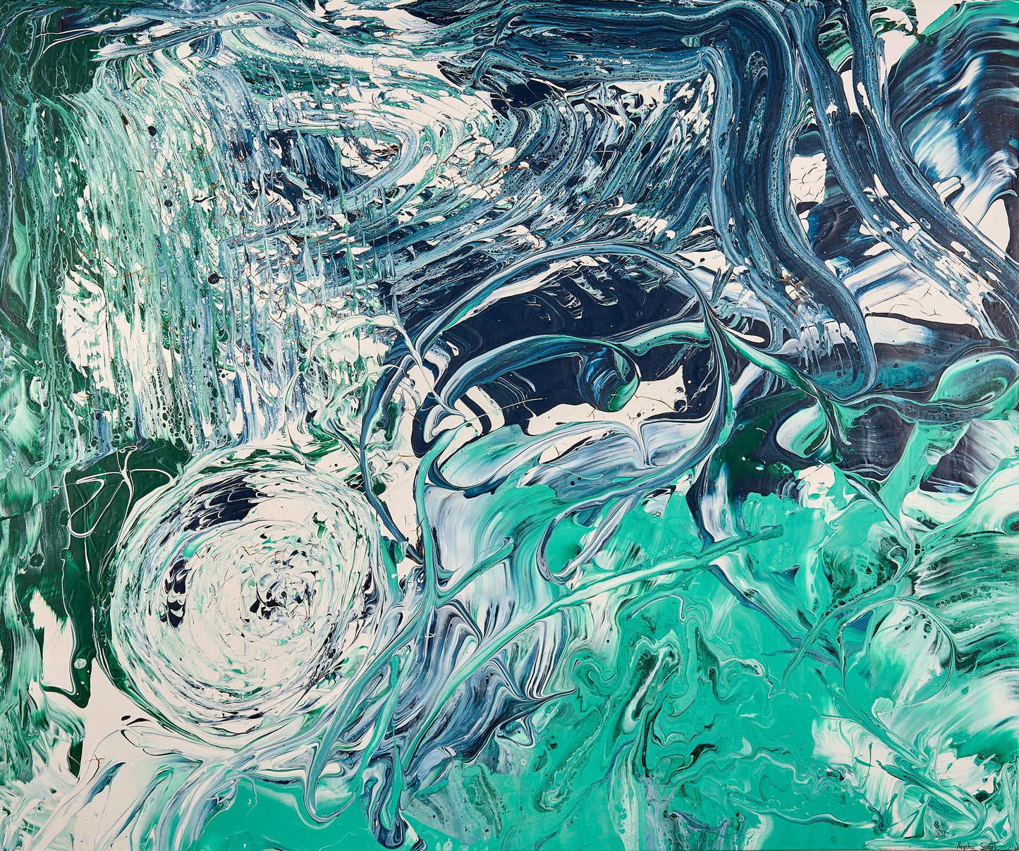 Stort abstrakt maleri. Mye bevegelse, kunst med sjel.